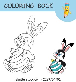 Coloring book with cartoon Rabbit sitting and holding Christmas Ball. Colorless and color example Hare on coloring page. Worksheet, Greeting card or Antistress coloring with new year art for kids.