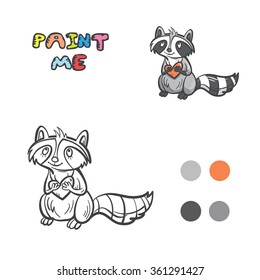 Coloring book with cartoon raccoon. Vector image.