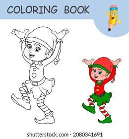 Coloring book with cartoon Santa Claus helper elf . Colorless and color samples Elf on coloring page for kids. New Year and Christmas vector icon. Black contour silhouette with a sample for coloring.