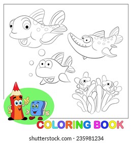 Coloring book. Cartoon set of funny fishes.
