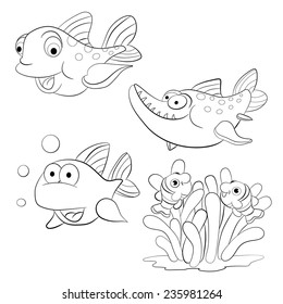 Coloring book. Cartoon set of funny fishes.