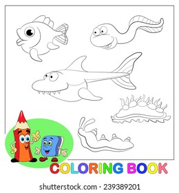 Coloring book. Cartoon set of funny fishes and molluscs.