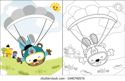 Coloring book of cartoon skydiving cute bear on blue sky background