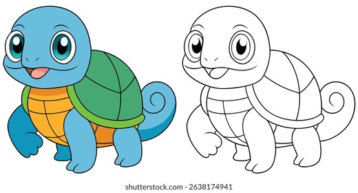 Coloring book cartoon turtle with a simple shell pattern outline vector illustration