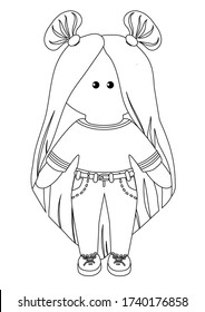 Coloring book or cartoon vector Illustration of beautiful doll for children. Black outline drawing on white background. Fashion illustration. Kids clothing.