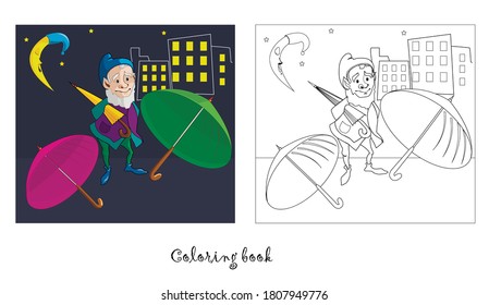 Coloring book. Cartoon vector illustration gnome storyteller
