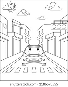 Coloring Book, Cartoon Vector Illustration of Black and White Car. Illustration for the children, coloring page with smiling cartoon car. Doodle Comic Characters Machine for Children Education