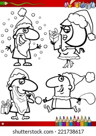 Coloring Book Cartoon Vector Illustration of Black and White Christmas Themes Set with Santa Claus and Pretty Girl