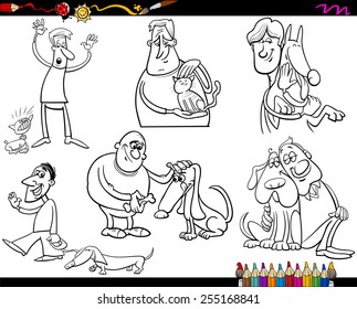 Coloring Book Cartoon Vector Illustration of Funny People with Pets Characters Set