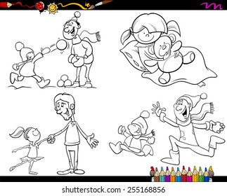 Coloring Book Cartoon Vector Illustration of  Set of Fathers with Children Characters Set