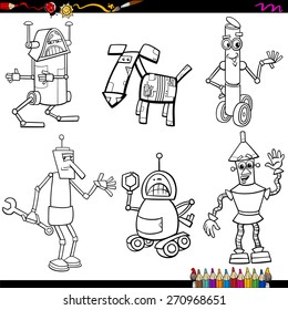 Coloring Book Cartoon Vector Illustration of Funny Fantasy Robots Characters Set