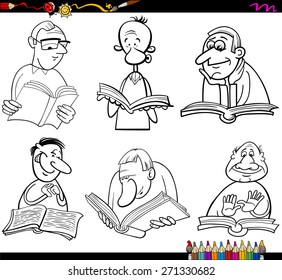 Coloring Book Cartoon Vector Illustration Set of Readers Characters with Books