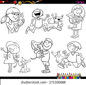 Coloring Book Cartoon Vector Illustration Set of Kids with Pets Characters