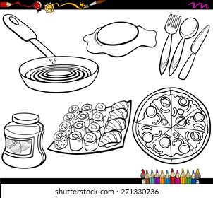 Coloring Book Cartoon Vector Illustration of Kitchen and Food Objects Clip Arts Set
