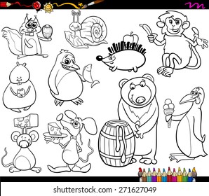 Coloring Book Cartoon Vector Illustration Set of Funny Animals with their Favorite Food