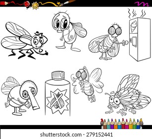 Coloring Book Cartoon Vector Illustration Set of Flies Insect Characters