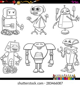 Coloring Book Cartoon Vector Illustration of Funny Fantasy Robots Characters Set