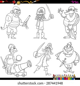 Coloring Book Cartoon Vector Illustration of Funny Fantasy Pirates Characters Set