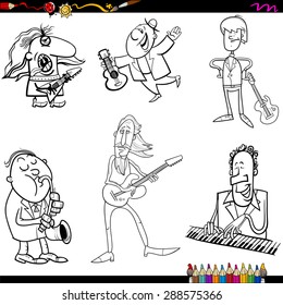 Coloring Book Cartoon Vector Illustration of Musicians Playing Musical Instruments Characters Set