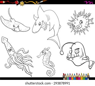 Coloring Book Cartoon Vector Illustration of Sea Life Animals Characters Set