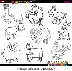 Coloring Book Cartoon Vector Illustration Collection of Farm Animals Characters