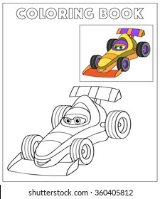 Libro de Colores, Vector de dibujos animados Ilustración de coches negros y blancos. Ilustración para los niños, página de color con caricatura amarilla. Máquina de dibujos animados Doodle para la educación infantil