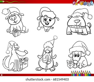 Coloring Book Cartoon Vector Illustration of Black and White Set of Dogs Animal Characters on Christmas Time