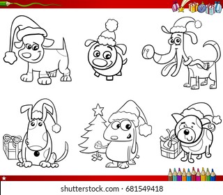 Coloring Book Cartoon Vector Illustration of Black and White Set of Dogs Animal Characters on Christmas