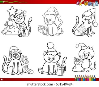 Coloring Book Cartoon Vector Illustration of Black and White Set of Cats Animal Characters on Christmas Time