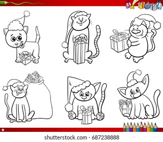 Coloring Book Cartoon Vector Illustration of Black and White Set of Cat Characters on Christmas Time