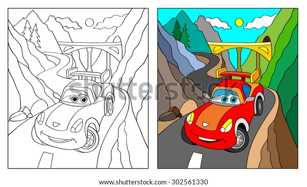 Coloring Book, Cartoon Vector Illustration of\
Black and White Cars. Illustration for the children, coloring page\
with red cartoon car. Doodle Comic Characters Machine for Children\
Education