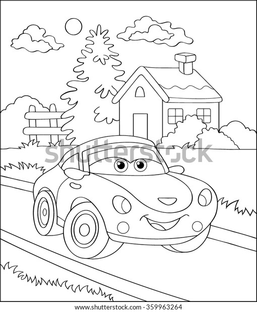 Coloring Book, Cartoon Vector Illustration of\
Black and White Car. Illustration for the children, coloring page\
with smiling cartoon car. Doodle Comic Characters Machine for\
Children Education