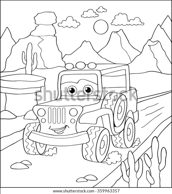 Coloring Book, Cartoon Vector Illustration of\
Black and White Cars. Illustration for the children, coloring page\
with smiling cartoon car. Doodle Comic Characters Machine for\
Children Education