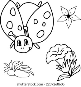 Coloring book. Cartoon vector ladybug, flowers, and leaves on stone. Illustration of a funny ladybug flying on a white background