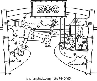 coloring book, cartoon, Vector of zoo