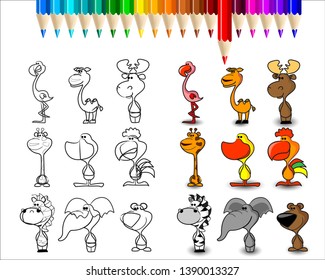 Coloring book with cartoon wild animals collection
