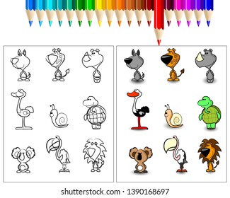 Coloring book with cartoon wild animals collection