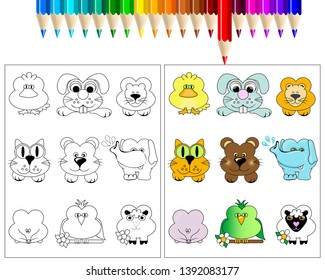 Coloring book with cartoon wild animals collection cute draw character.