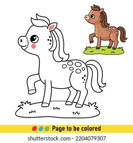 Libro de colorear con un poni al estilo de las caricaturas. Ilustración en blanco y negro con un caballo para el desarrollo de los niños.