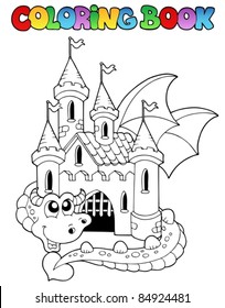 Coloring book castle and big dragon - vector illustration.