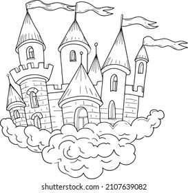 Coloring book castle in the clouds hand drawn fairy tale fairy story doodle princess palace