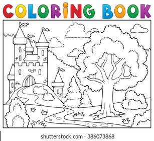 Coloring book castle and tree - eps10 vector illustration.