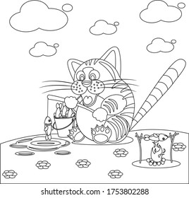 Coloring book cat catches fish for adults and children. Vector black and white illustration.