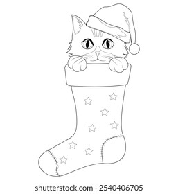 Coloring book with a cat in a Christmas stocking. Vector illustration