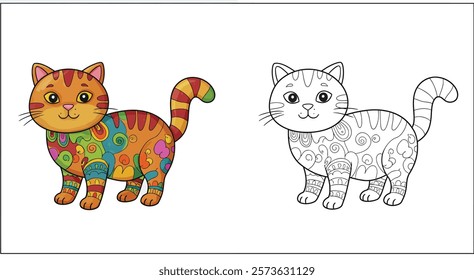 Coloring Book With a Cat and its drawing for color Filling.