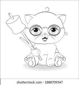 Coloring book cat in glasses with marshmallows on stick, , picture in hand drawing cartoon style, for print design, greeting birthday card, postcard. baby shower. party invitation