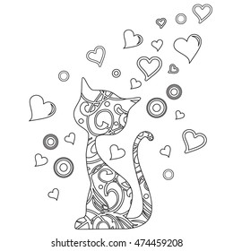 Coloring book with cat and hearts, vector illustration