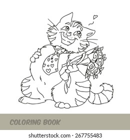 Coloring book with Cat. Isolation Cat Coloring Page. Cartoon. Vector. Smiling Sweet Cat with Tie and Flowers. Can print for coloring book or just give kids decorate. Valentine's day.