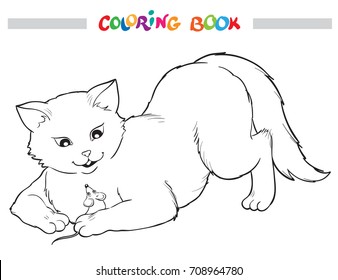 Coloring Book with Cat and mouse. Vector outline illustration.