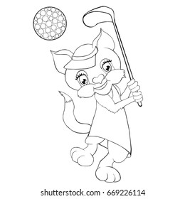 Coloring book  cat playing golf. Cartoon style. Clip art for children.